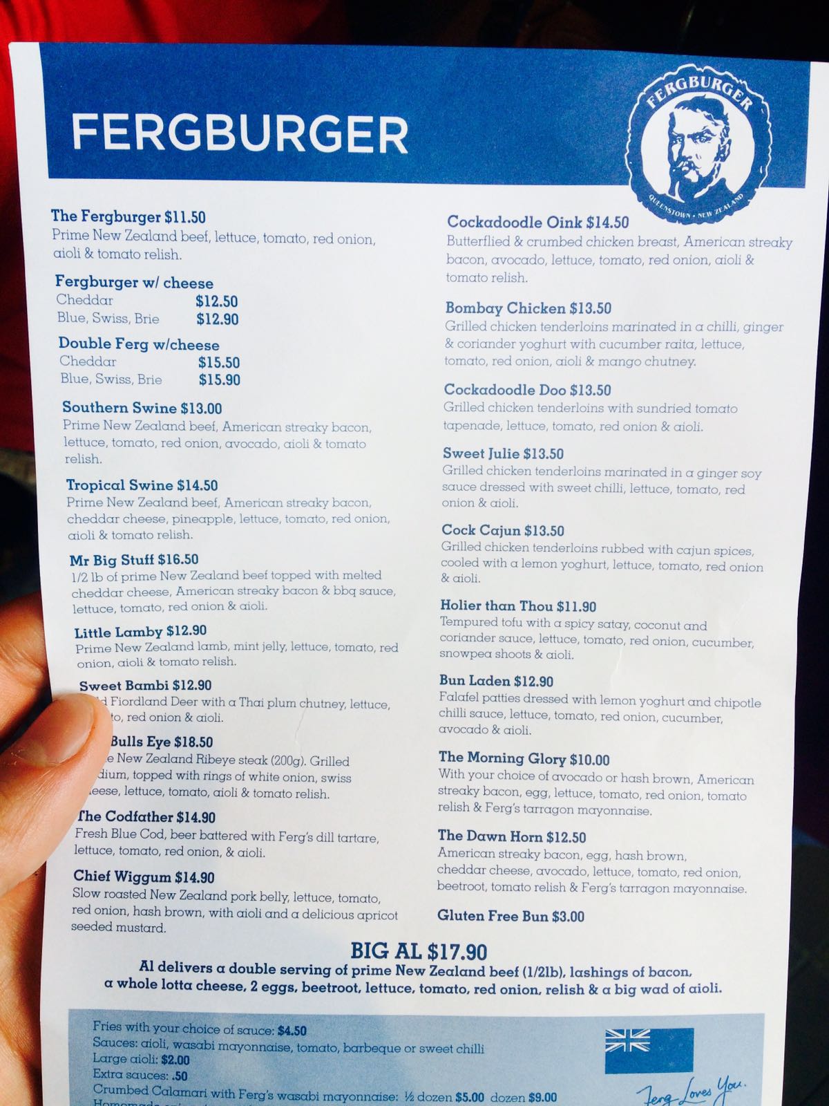 Fergburger menu